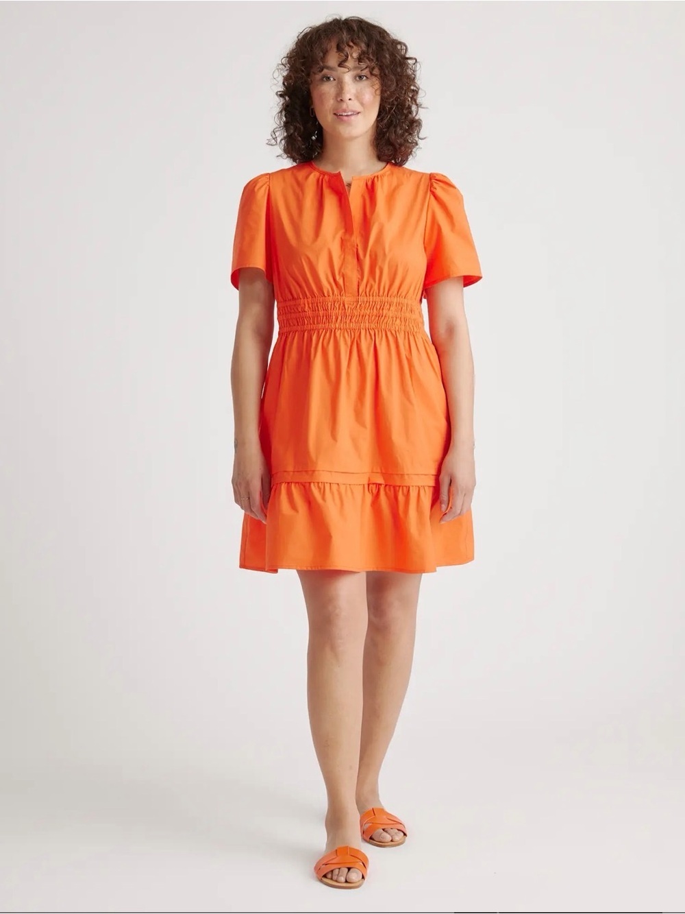 Quince 100% Organic Cotton Poplin Tiered Mini Dress Vermillion Red Large